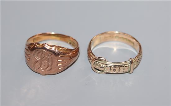 An early 20th century 9ct gold signet ring and a similar 9ct gold buckle ring.